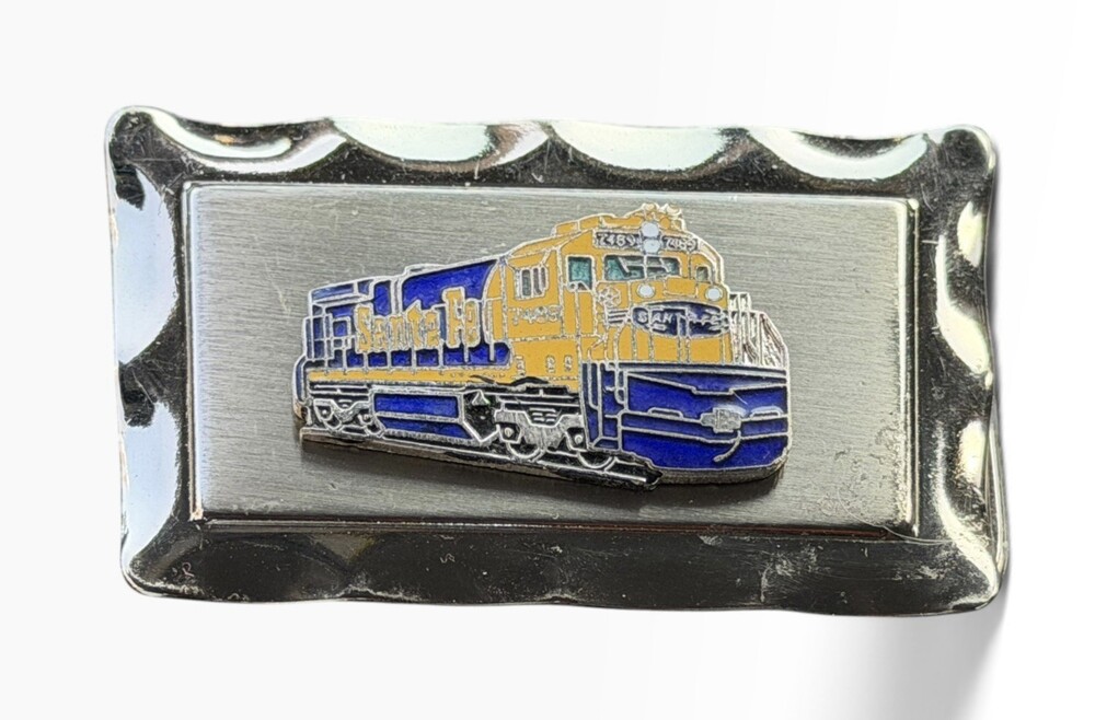 SANTA FE Railroad Belt Buckle Silver Chrome Tone w/ Blue Yellow Engine #7489